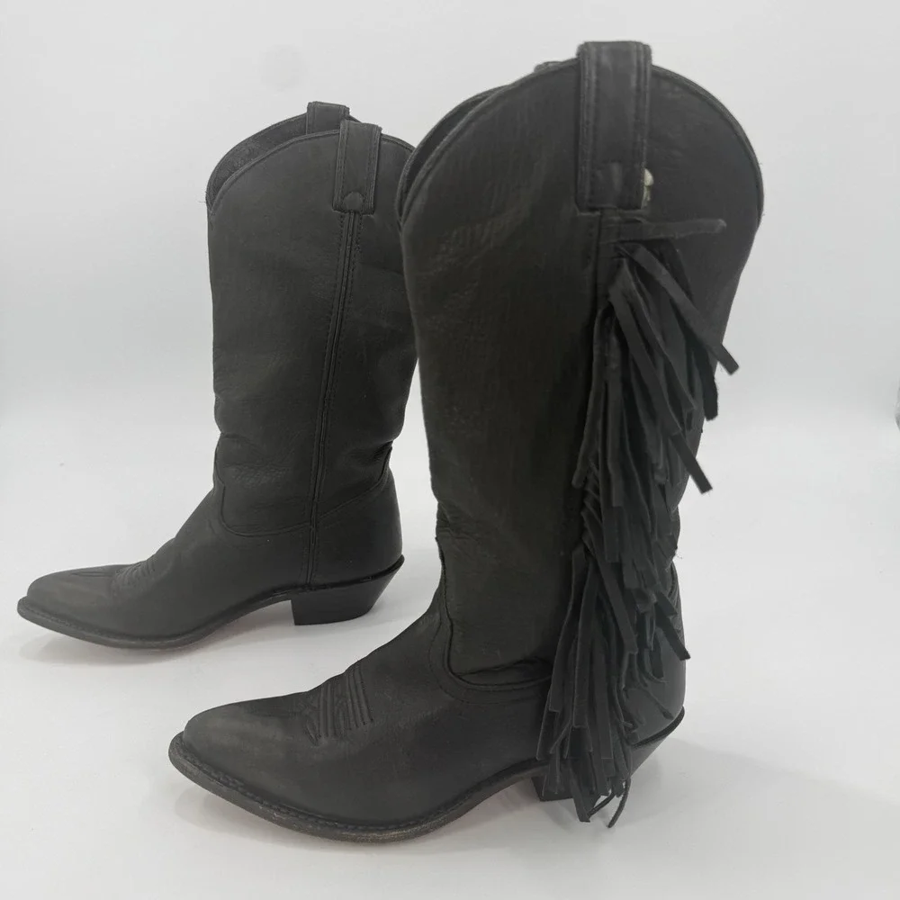 Corral West Black Leather Western Cowboy Boots Fringe Pointed Toe Size 5